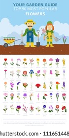 Your garden guide. Top 50 most popular flowers infographic. Vector illustration