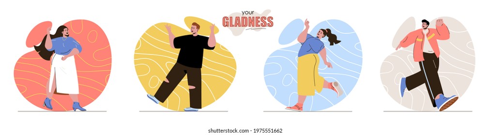 Your Gladness concept scenes set. Smiling men and women jumps and expression positive emotions. Joy or happy feelings. Collection of people activities. Vector illustration of characters in flat design