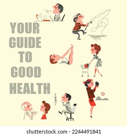 Your guide to good health. Vector illustration. Man is fishing. Health shopping. Health care. Men is eating healthy food. Vocation trip. Man is doing sport