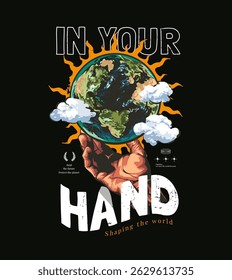 em seu slogan mão com mão segurando globo gráfico vetor ilustração no fundo preto