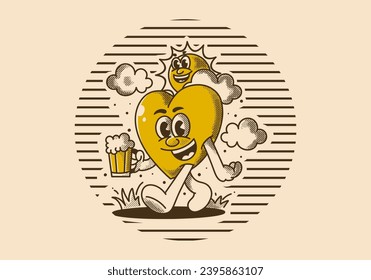 Your happiness depends on your actions. Character of a sun and heart holding a beer