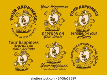 Your happiness depends on your actions. Character of a sun and heart holding a beer