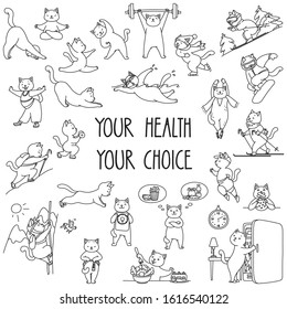 Your Health Your Choice. Set of healthy lifestyle stickers. Black and white doodle illustration of funny cats enjoying physical activity and healhy food. Vector 8 EPS.