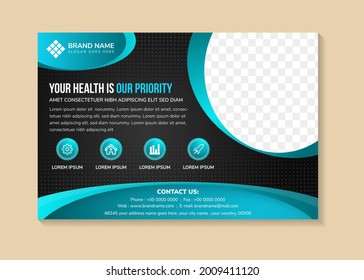 your health is our priority flyer design template use horizontal layout. black gradient background with blue gradient on element and infographic. space for space of photo. dot halftone pattern