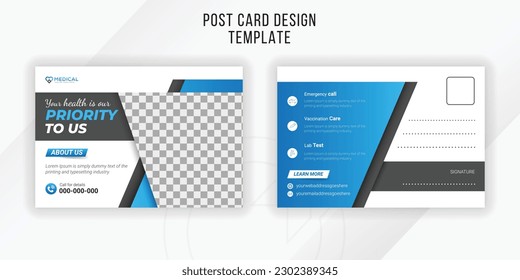 Your health is our priority postcard design template with white background and blue gradient color geometric shapes
