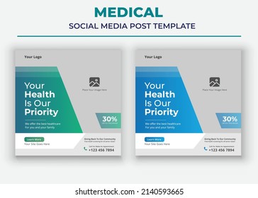 Your Health is our Priority poster, Medical Social Media Post and Flyer Template, Modern Healthcare Social Media Template Design