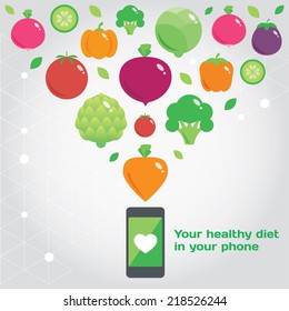 Your healthy food in you phone. Vegetables. Vector modern illustration, stylish design element