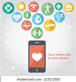 Your healthy life in your phone, health illustration. Vector modern flat design element