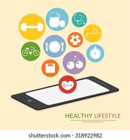 Your healthy life in your phone, health illustration. Vector modern flat design element