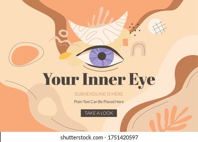 Your Inner Eye banner template with eye, crescent moon and abstract shapes. Modern design in terracotta shades for lifestyle blogs, yoga classes, life coaching resources. Vector art.