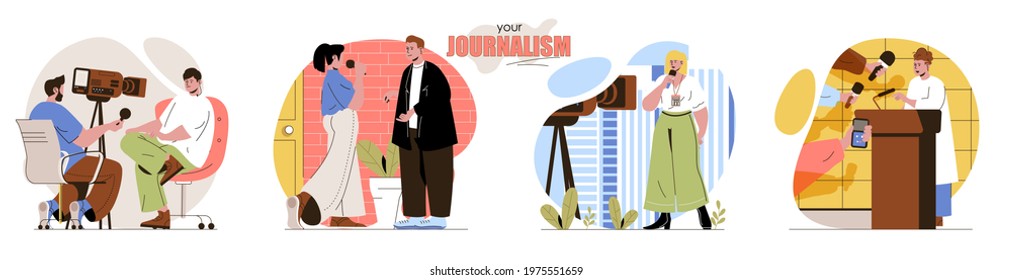 Your Journalism concept scenes set. Journalists interviewing, reporters reporting, news programs, press conferences. Collection of people activities. Vector illustration of characters in flat design