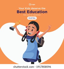 Your kids deserve the best education banner design. School girl is jumping and holding prize in hand. Vector graphic illustration.