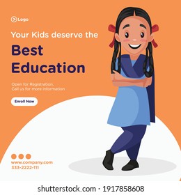 Your kids deserve the best education banner design. School girl is smiling. Vector graphic illustration.