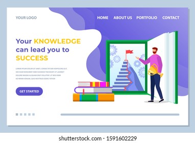 Your knowledge can lead you to success. Man stand near opened book, career ladder illustrated on textbook page. Designed educational website with navigation menu. Vector illustration in flat style
