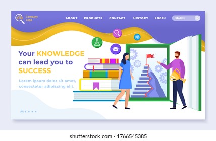 Your knowledge can lead you to success. Designed web page, navigation menu. Man and woman stand near books and career ladder, mockup of website. Vector illustration of online learning in flat style