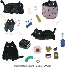 Your little black kitten, cats are cute pets in your life, contain geometric shapes, can make cute illustrations, cards