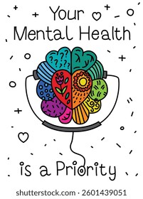 Your mental health is a priority. Vertical inspirational wall art. Portrait motivational print, poster. Self-care decor. Therapy office decoration. Vector illustration in hand drawn doodle style
