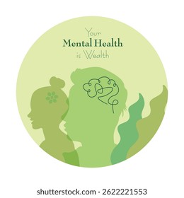 Your Mental Health is Wealth, featuring silhouettes and a motivational quote.