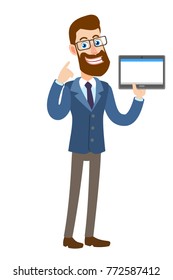 Your mind increasing profits. Hipster Businessman pointing finger on his head and holding tablet PC. Full length portrait of Cartoon Hipster Businessman Character. Vector illustration in a flat style.