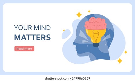 Your mind matters poster. Silhouette of head with brain inside. Mental and psychological health. Awareness and concentration, mindfulness. Landing webpage design. Flat vector illustration