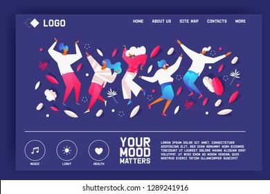 Your mood matters. Landing page with dancing people in bright gradients on blue color. Greenery and dots design template for music service or psychologist online website