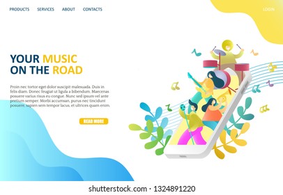 Your music on the road vector website template, web page and landing page design for website and mobile site development. Smartphone with people singing playing musical instruments. Music app concept.