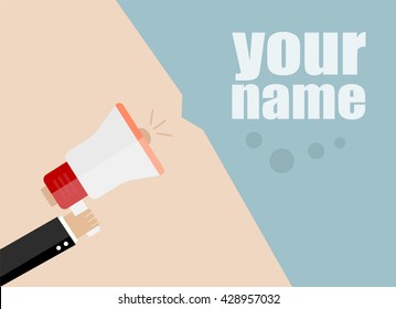 your name. vector flat design business illustration concept. Digital marketing business man holding megaphone for website and promotion banners.