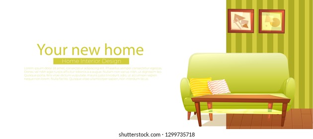 Your new home banner. Retro sofa and coffee table. Vector cartoon illustration