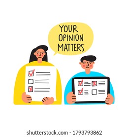 Your opinion matters. Man and woman suggest take survey. Vector illustration on white background.