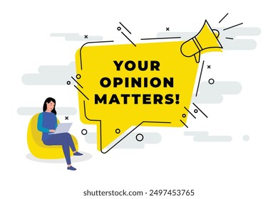 Your opinion matters. megaphone speaker for announce. Attention please. Shouting people, advertisement speech symbol