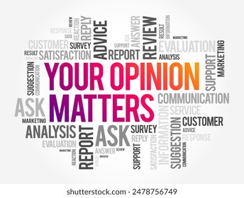 Your Opinion Matters ist eine Phrase, die oft verwendet wird, um die Bedeutung des Standpunkts, der Rückmeldung oder der Perspektive, des Textkonzepts oder der Wortwolke einer Person auszudrücken