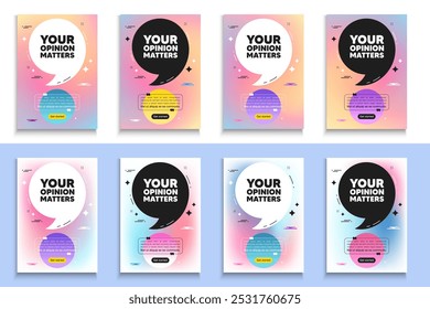 Your opinion matters tag. Poster frame with quote. Survey or feedback sign. Client comment. Opinion matters flyer message with comma. Gradient blur background posters. Vector