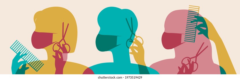 Your own hairdresser, covid lockdown. Silhouette vector stock illustration. Haircut at home. People in medical masks, protection from covid. Do-it-yourself hair care. Color illustration