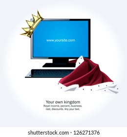 Your own kingdom. The computer, a cloak and a crown. Vector illustration
