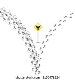 Your own way. Many shoes ways with one different path and road sign