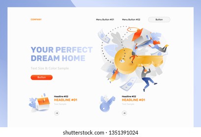 Your perfect dream home vector banner header with multicultural family around big golden key and red roofed trinket house. 3D with gradients style.