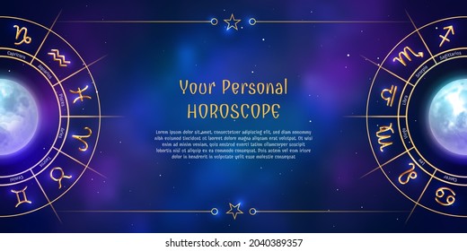 Ihr persönliches Horoskop-Diagramm und glänzendes Zodiakzeichen. Banner für Astrologie, Poster, mit glänzenden astrologischen Symbolen auf violettem Hintergrund, Vektorgrafik