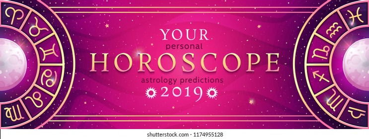 Your personal horoscope prediction 2019 on magic colors background. Asrtology horizontal banner. Vector illustration