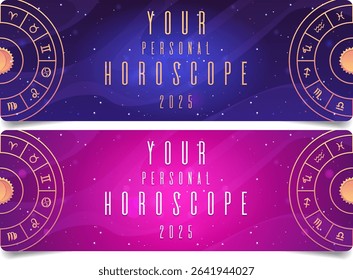 Your personal Horoscope vector design set. Zodiac wheel on different colors gradient space background. Prediction. Horoscope signs, twelve astrological symbols