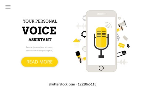 Your personal voice assistant. Voice search.  Modern flat design concept with microphone and smartphone. Landing page template. Technology.  Illustration for web  design.