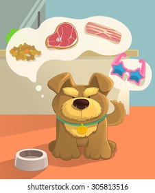 Your pet's dream. Cute brown doggy dreaming about food. Imagines sausage, bacon, steak, shoes. Cartoon style.
