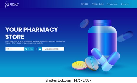 Your Pharmacy Store website page design with 3d illustration of open medicine bottle, capsule and tablet on blue background.