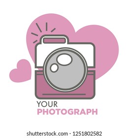 Your photograph old school photo camera with hearts isolated icon vector romantic photoshoot for saint valentines day for couples device for taking pictures instrument with splash and memory.
