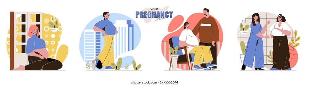 Your Pregnancy concept scenes set. Happy pregnant woman, couple expecting baby, maternity support, motherhood. Collection of people activities. Vector illustration of characters in flat design