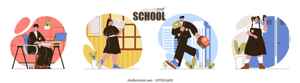 Your School concept scenes set. Pupils in school uniforms rush to class, study lessons, do homework. Students study. Collection of people activities. Vector illustration of characters in flat design