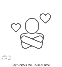 Your self care icon. Simple outline style. Love myself, hug, compassion, embrace my body, good and health life concept. Thin line symbol. Vector illustration isolated. Editable stroke.