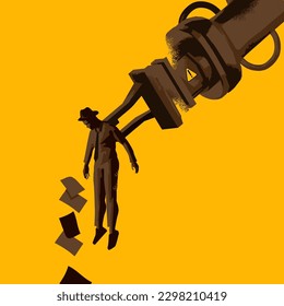 Your services are no longer required. A businessman looses grip on his paperwork as he is carried away by a robotic arm. Artificial intelligence replaces jobs of humans. Vector illustration.