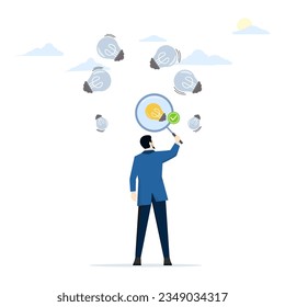 Your Startup Idea validation concept. Find a problem that is feasible enough to solve. Determine the idea validity of the idea. Businessman using magnifying glass with light bulb. vector illustration.