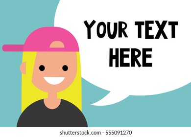 Your text here. Conceptual illustration. A portrait of young blond girl with speech bubble / editable flat vector illustration