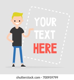 Your text here. Copy space. Young character pointing on a framed sign / flat editable vector illustration, clip art